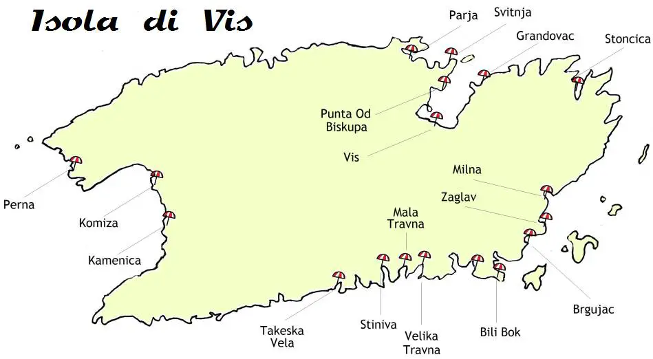 Mappa Spiagge Isola di Vis-Croazia